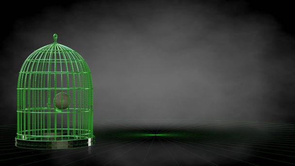3D-Darstellung eines reflektierenden Käfigs auf dunkelschwarzem Hintergrund - Foto, Bild