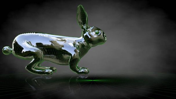3D-weergave van een reflecterende konijn op een donkere zwarte achtergrond - Foto, afbeelding