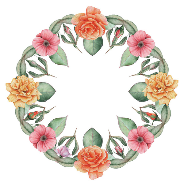 Hand painted watercolor wreath of Flowers and Leaves, isolated on white background - Foto, afbeelding
