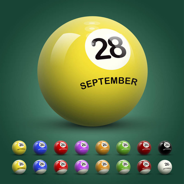 Biljart bal met datum 28 September - Vector, afbeelding