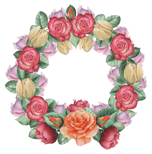 Hand painted watercolor wreath of Flowers and Leaves, isolated on white background - Φωτογραφία, εικόνα