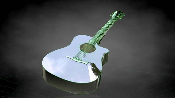 τρισδιάστατη απεικόνιση του μια αντανακλαστική κιθάρα σε σκούρο φόντο μαύρο - Φωτογραφία, εικόνα