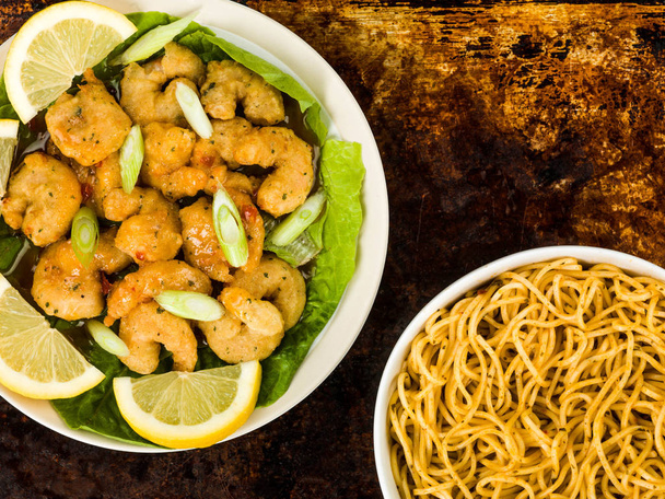 Crispy Deep Fried Prawns With Sweet Chilli Sauce and Noodles - Photo, Image