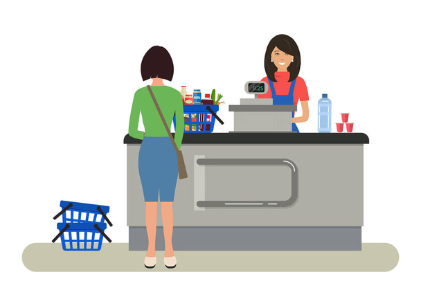 Web banner of a supermarket cashier - Vector, Image
