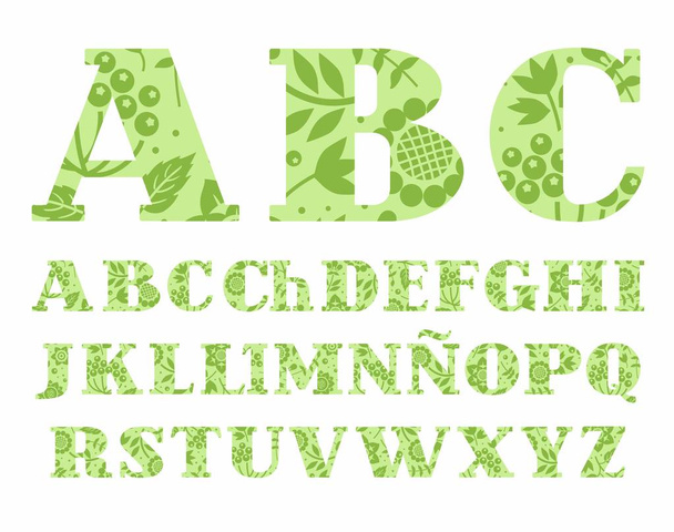 Spanish alphabet, flowers and berries, green, vector.  - ベクター画像