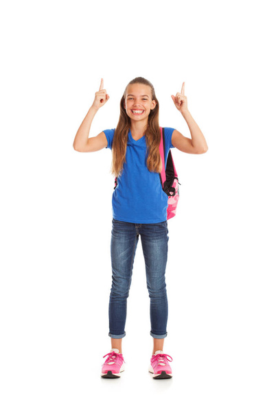 School: Girl With Big Smile Gestures Upwards - 写真・画像