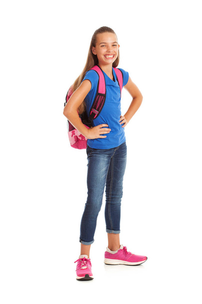 School: Cute Student With Big Smile Looks To Camera - Foto, afbeelding