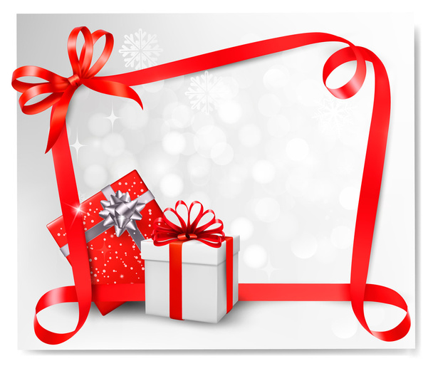 Holiday background with red gift bow with gift boxes. Vector ill - Vecteur, image