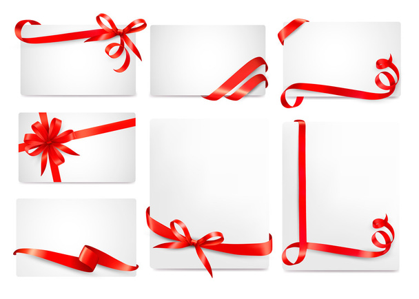 Set of beautiful cards with red gift bows with ribbons Vector - ベクター画像