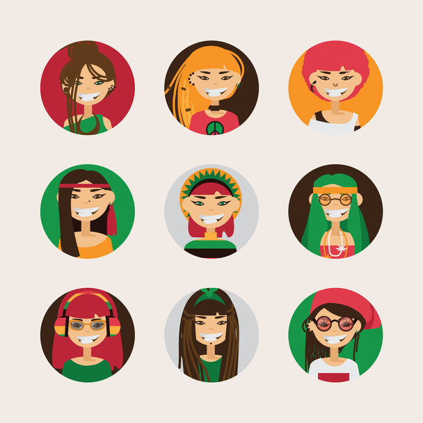 Vector user avatars of cute rastafarian girls with various hairstyle, color and different accessories and clothes style. Bright set with smiling female characters - Vector, Image