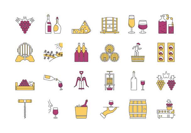 Lineaire pictogrammenset kleur 4 - wijn productie - Vector, afbeelding