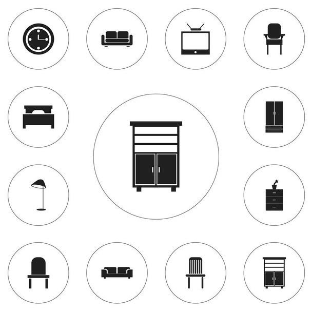 Conjunto de 12 iconos de muebles editables. Incluye símbolos tales como iluminante, asiento, sofá y más. Puede ser utilizado para el diseño de la tela, móvil, interfaz de usuario e infografía
. - Vector, imagen