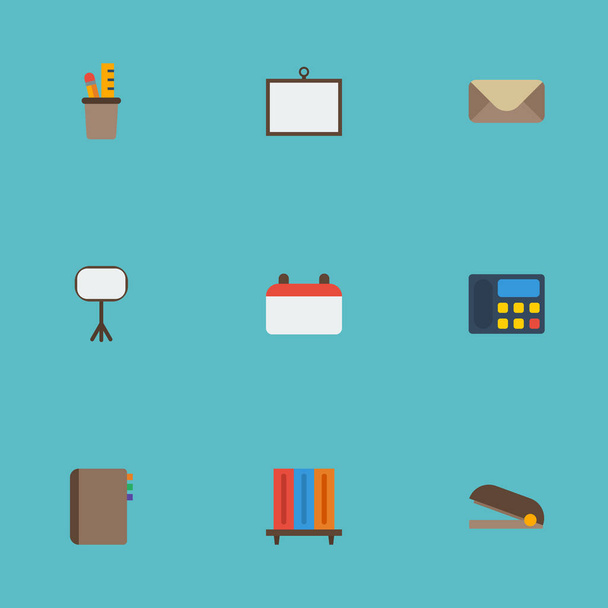 Flat Icons Puncher, Bookshop, Pen Holder And Other Vector Elements. Set Of Bureau Flat Icons Symbols Also Includes Address, Bookshop, Bookcase Objects. - Vector, Image