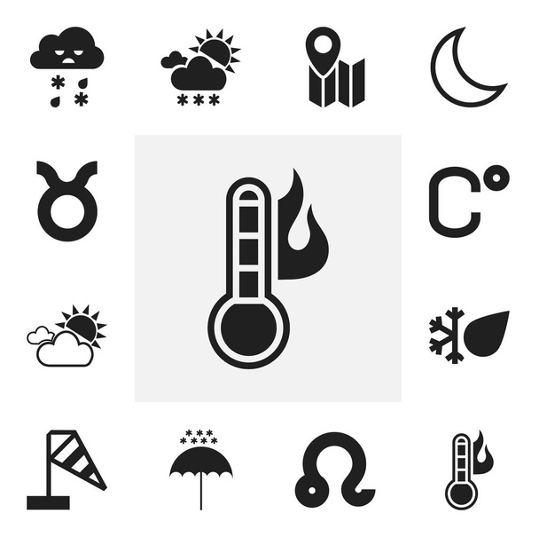 Joukko 12 Muokattavissa Sää kuvakkeet. Sisältää symboleja, kuten lämpötila, härkä, talvi päivänvarjo ja enemmän. Voidaan käyttää Web, Mobile, UI ja Infographic Design
. - Vektori, kuva