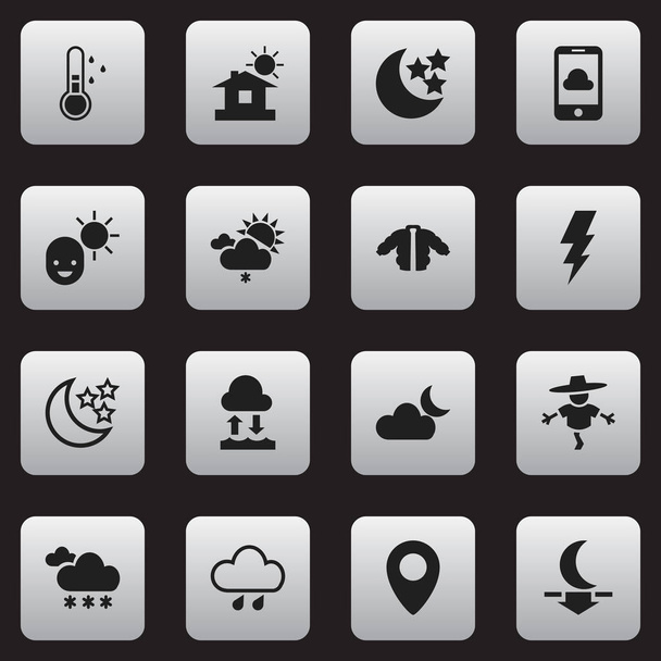 Σύνολο των 16 εικονίδια επεξεργάσιμο κλίμα. Περιλαμβάνει σύμβολα όπως καλικάντζαρος, Υετός, Moonlight και περισσότερο. Μπορεί να χρησιμοποιηθεί για Web, Mobile, Ui και σχεδίασης γραφήματος. - Διάνυσμα, εικόνα