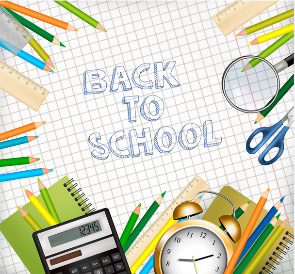 Back to School background With Supplies Tols and Chalkboard. Lay - Vector, Image