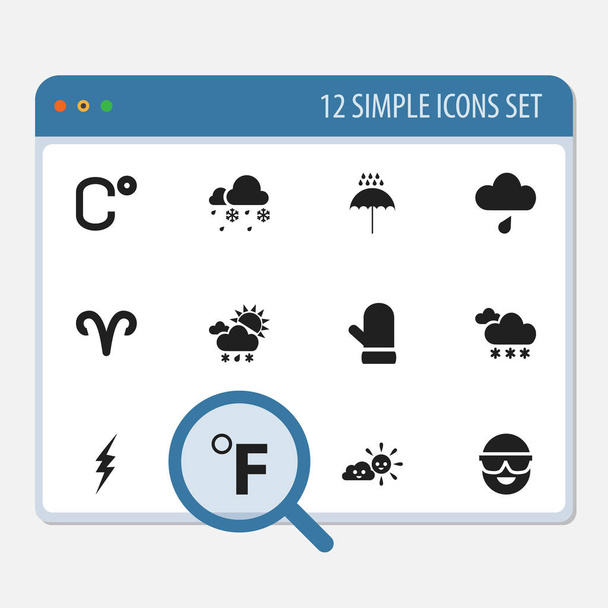 Σετ 12 εικονίδια επεξεργάσιμο κλίμα. Περιλαμβάνει σύμβολα όπως Κελσίου, ηλιόλουστο καιρό, γάντι και περισσότερο. Μπορεί να χρησιμοποιηθεί για Web, Mobile, Ui και σχεδίασης γραφήματος. - Διάνυσμα, εικόνα