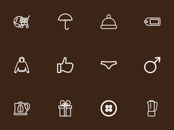Satz von 12 editierbaren Handelssymbolen. beinhaltet Symbole wie Globus-Einkaufswagen, Daumen hoch, Tag und mehr. kann für Web-, Mobil-, UI- und Infografik-Design verwendet werden. - Vektor, Bild