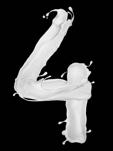 Number 4 made from splashes of milk on black background  - Valokuva, kuva