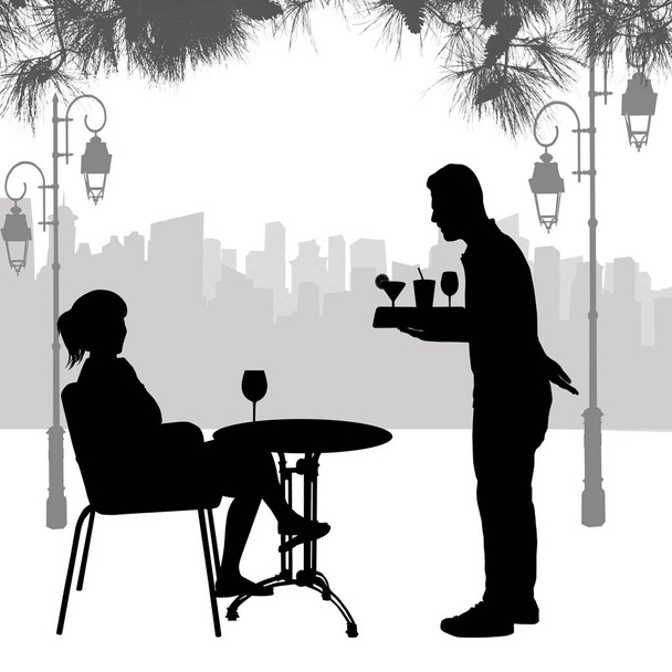Silhouette de fille sur la table et silhouette de serveur avec le plateau
 - Vecteur, image