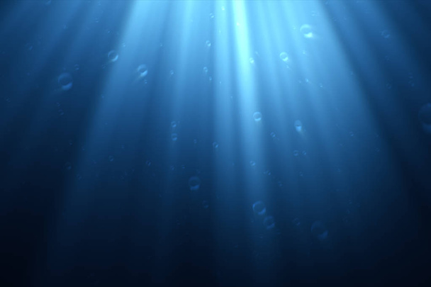 Onderwater scène met luchtbellen drijvende omhoog en de zon schijnt door het water 3d illustratie - Foto, afbeelding