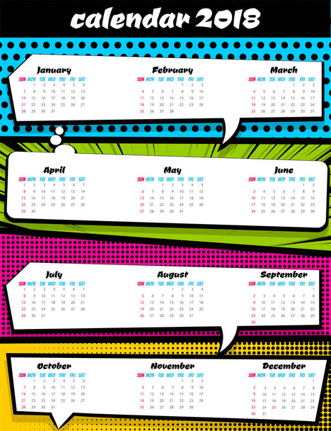 2018 calendar pop art template - Vector, Image