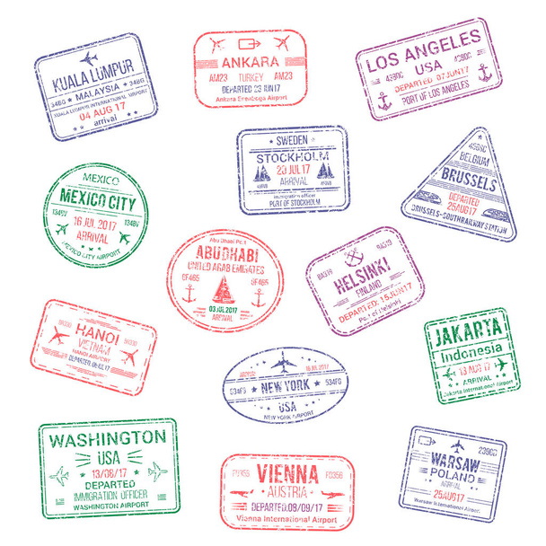 Vector icons of city passport stamps world travel - Wektor, obraz