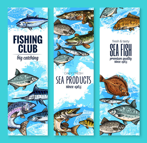Bandeiras de vetor conjunto de captura de peixe para clube de pesca
 - Vetor, Imagem