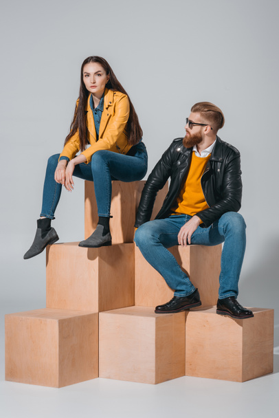 stylish couple in leather jackets and jeans - Fotoğraf, Görsel