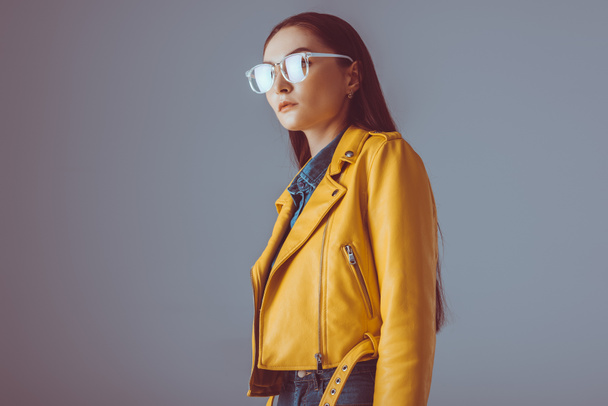 stylish woman in leather jacket and eyeglasses - Photo, Image