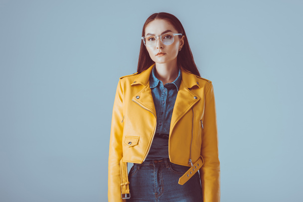 stylish woman in leather jacket and eyeglasses - Photo, Image