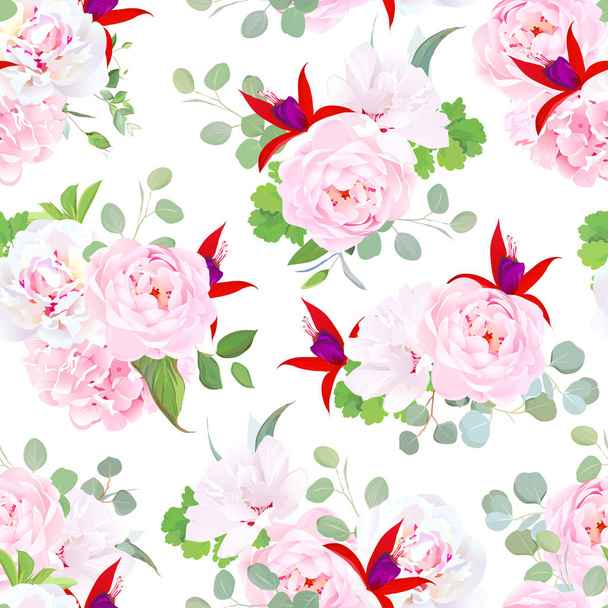 Tuin wilde roos, Hortensia, pioenroos, fuchsia naadloze vector patt - Vector, afbeelding