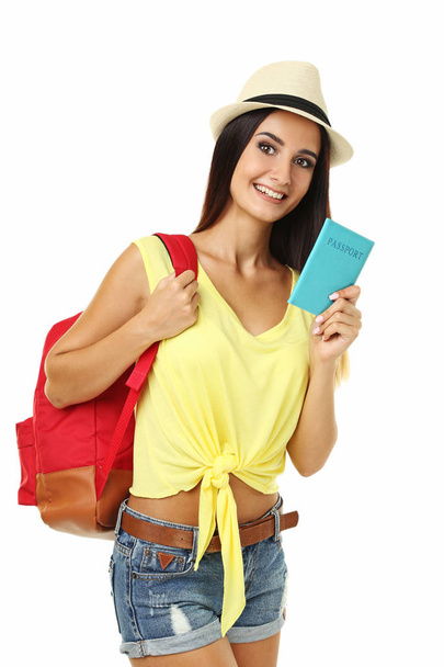 Happy young woman tourist holding passport - Photo, image