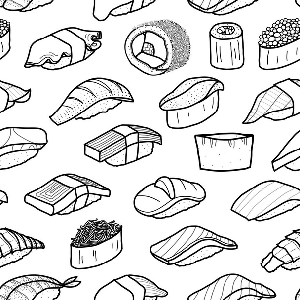A lot of sushi in black outline random on white background. Cute - ベクター画像
