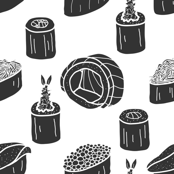 Sushi and roll in dark grey plane on white background. Cute Japa - Vector, Imagen