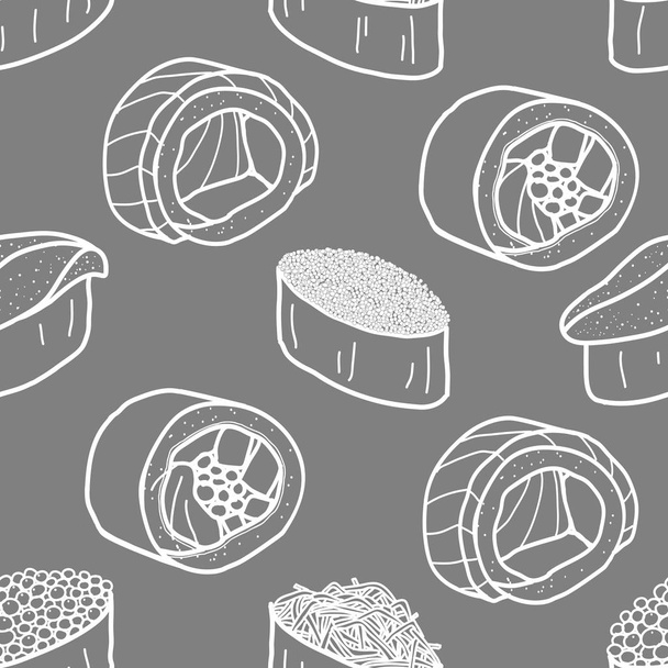 Sushi and roll in white outline on grey background. Cute Japanes - Vector, Imagen