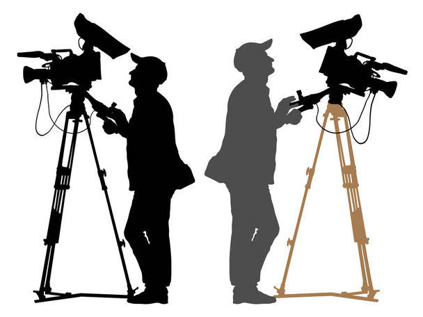 Cameraman with a camera on a tripod. Video operator silhouette set - Vector, Image