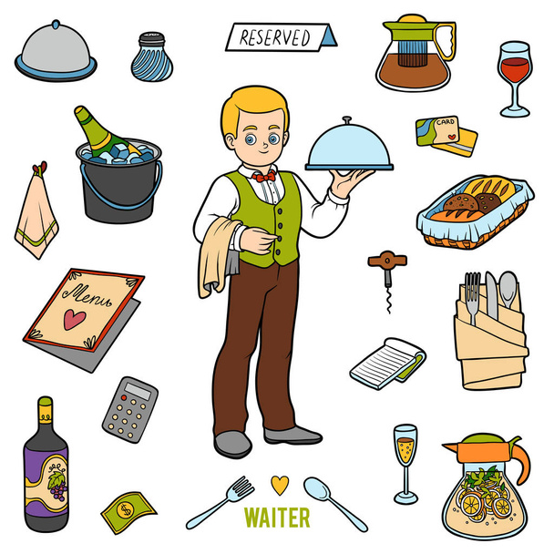 Набор векторных цветов с официантом и предметами из ресторана
 - Вектор,изображение