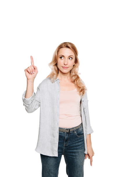 woman pointing up with finger - Photo, Image
