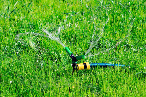 Closeup shot of lawn sprinkler spaying water over green grass field. Irrigation system - Photo, Image