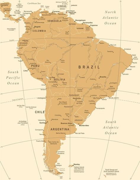 Güney Amerika Haritası - Vintage vektör çizim - Vektör, Görsel