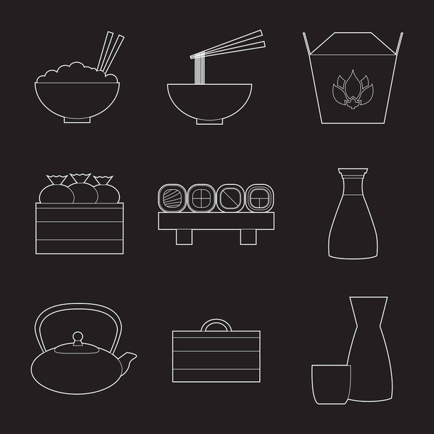 Conjunto de línea simple arte asiático comida y equipo iconos con largas sombras sobre fondo blanco. Wok plano
 - Vector, imagen