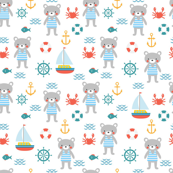 nahtloses Muster mit niedlichem kleinen Bärensegler. Meereskinder Hintergrund mit Fisch, Segelboot, Krabbe und Anker. Meer, Ozean Design - Vektor, Bild