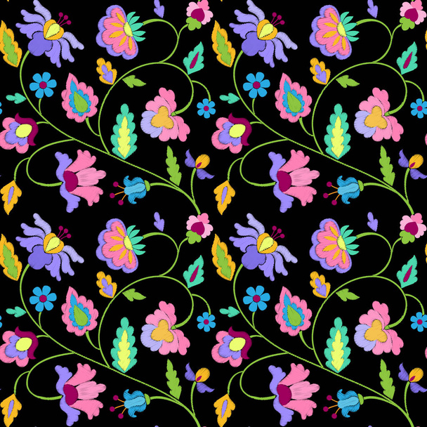 Fantasy Flowers Embroidery Seamless Pattern - Vector, imagen