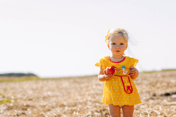 Mädchen mit Apfel im Feld - Foto, Bild