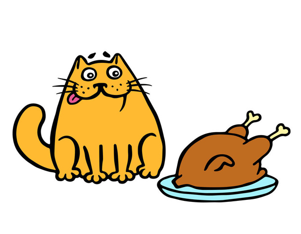 Oranžové kočka sedí na stole a při pohledu na smažené kuře. Vektorové ilustrace. - Vektor, obrázek