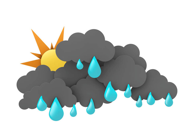 Zon en Rainclouds met druppels op witte achtergrond. 3D illustratie - Foto, afbeelding