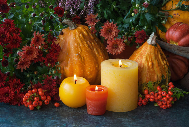 Thanksgiven decor with pumpkin and candle - Photo, Image