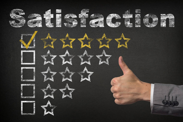 Total Satisfaction - 5 Five Stars. thumbs up golden star rating chalkboard - Photo, Image