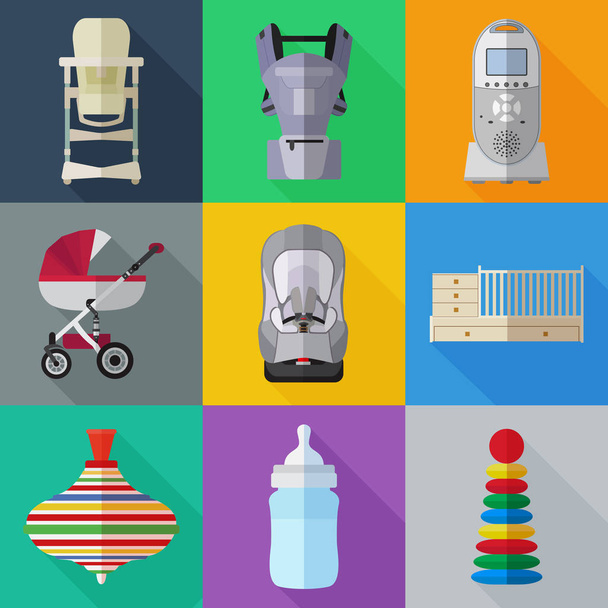 Set de iconos de productos planos para un recién nacido. Objetos para recién nacidos. Conjunto de cosas de bebé en cuadrados de color
 - Vector, Imagen